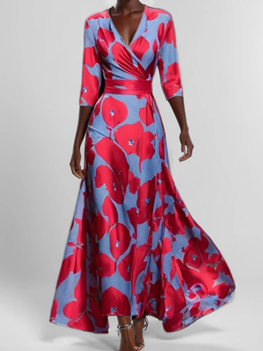 Pattern Printed Temperament V-neck Lace Up Large Skirt Maxi Dresses - Image 5