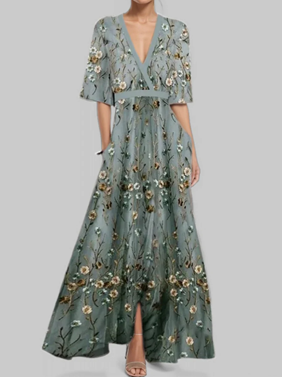 Pattern Printed Temperament V-neck Lace Up Large Skirt Maxi Dresses - Image 9