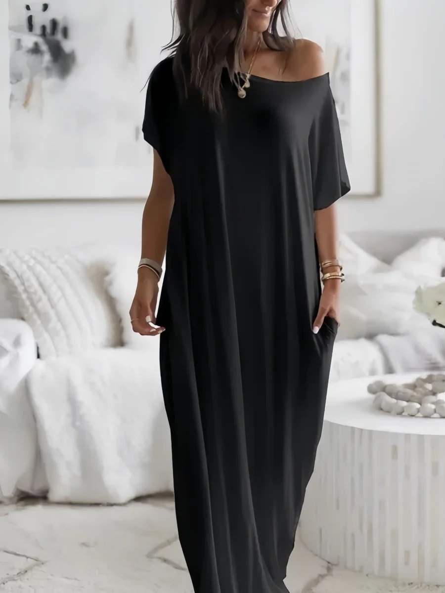 Sloping Shoulders Pocket Straight-fit Loose-fit Maxi Dresses - Image 2