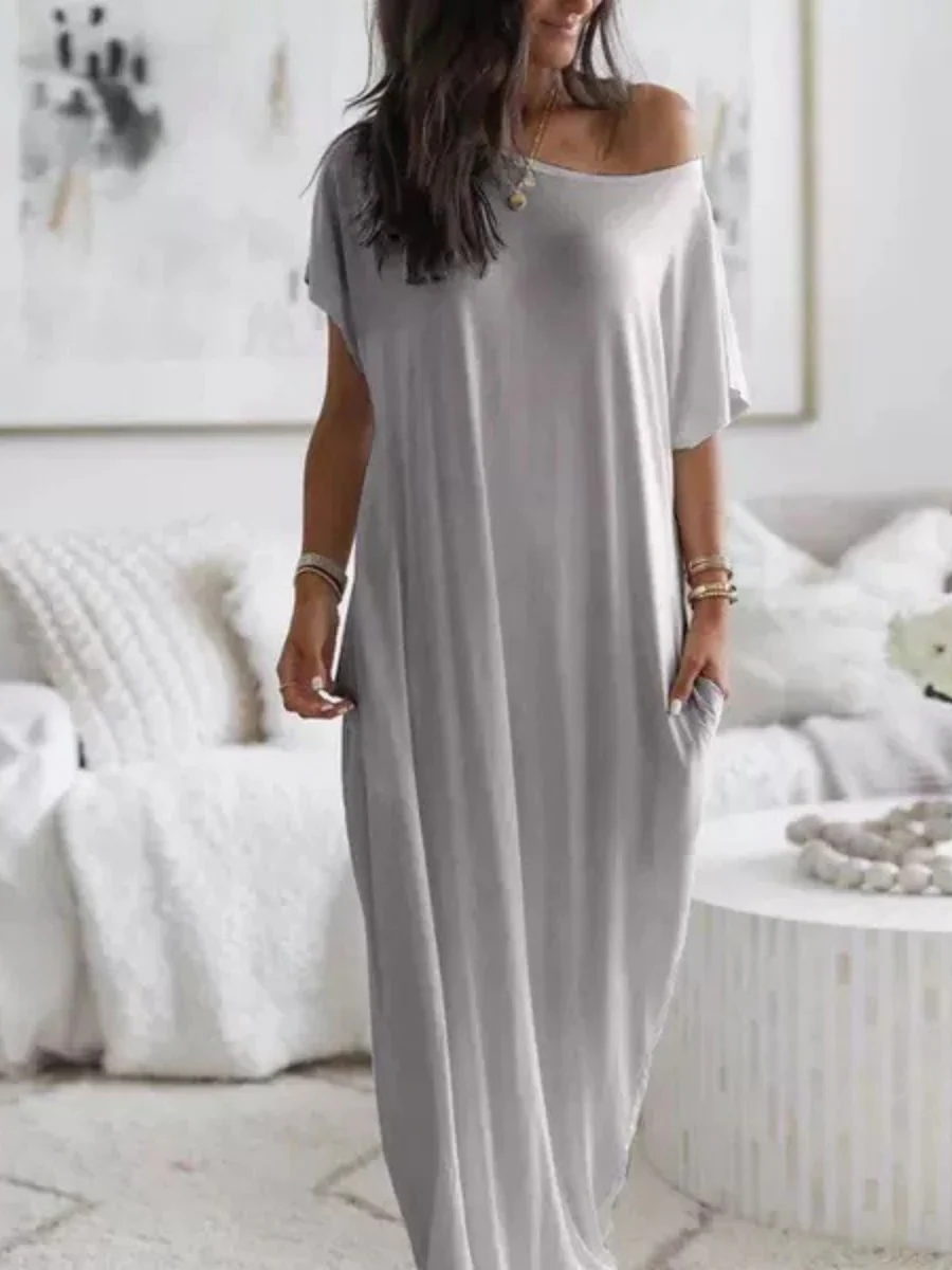 Sloping Shoulders Pocket Straight-fit Loose-fit Maxi Dresses - Image 4