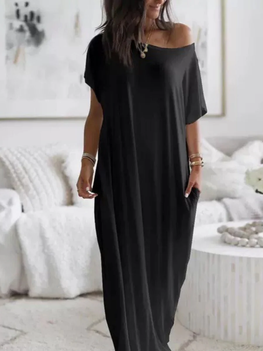 Sloping Shoulders Pocket Straight-fit Loose-fit Maxi Dresses - Image 5