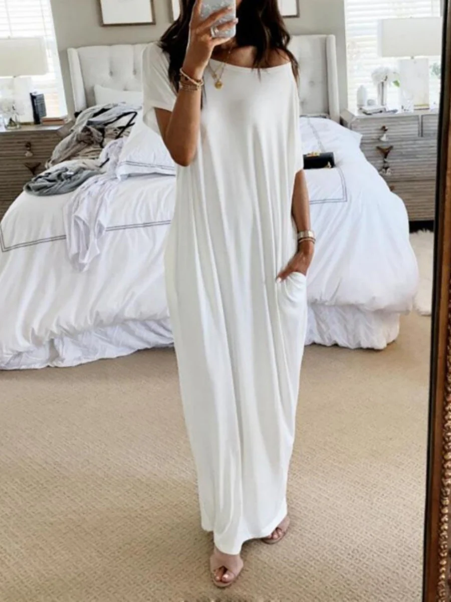 Sloping Shoulders Pocket Straight-fit Loose-fit Maxi Dresses - Image 7