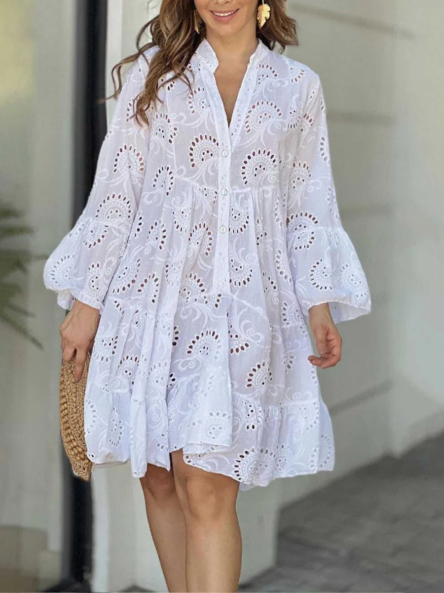 Embroidery Hollow Loose-fit Midi Dresses