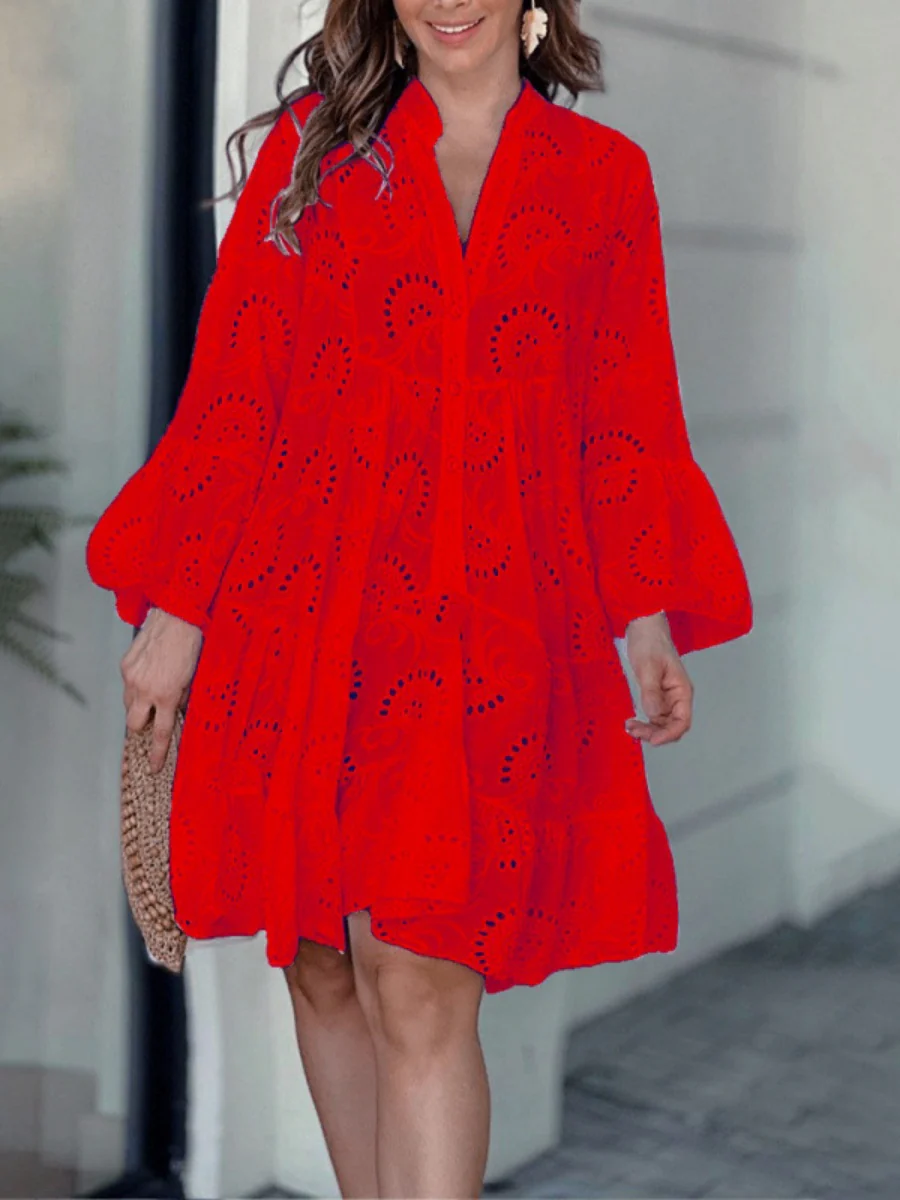 Embroidery Hollow Loose-fit Midi Dresses - Image 2