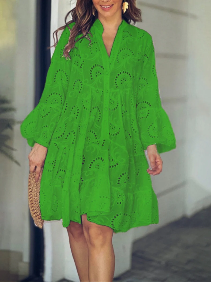 Embroidery Hollow Loose-fit Midi Dresses - Image 7