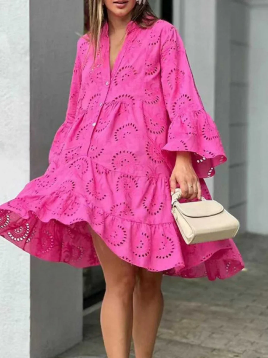 Embroidery Hollow Loose-fit Midi Dresses - Image 8
