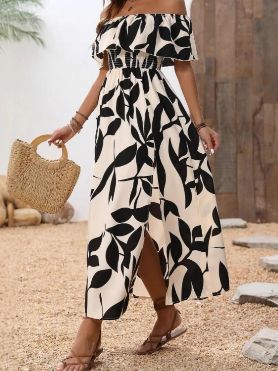 Ruffled Leaf Print Off-Shoulder Long Dress - Image 2