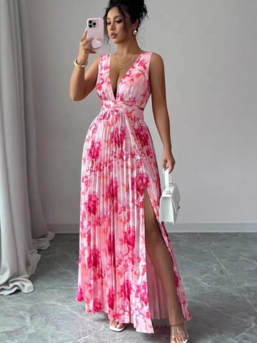 Sexy Deep V-neck Sleeveless Floral Print Maxi Dress With Slit Hem And Pleats - Image 11