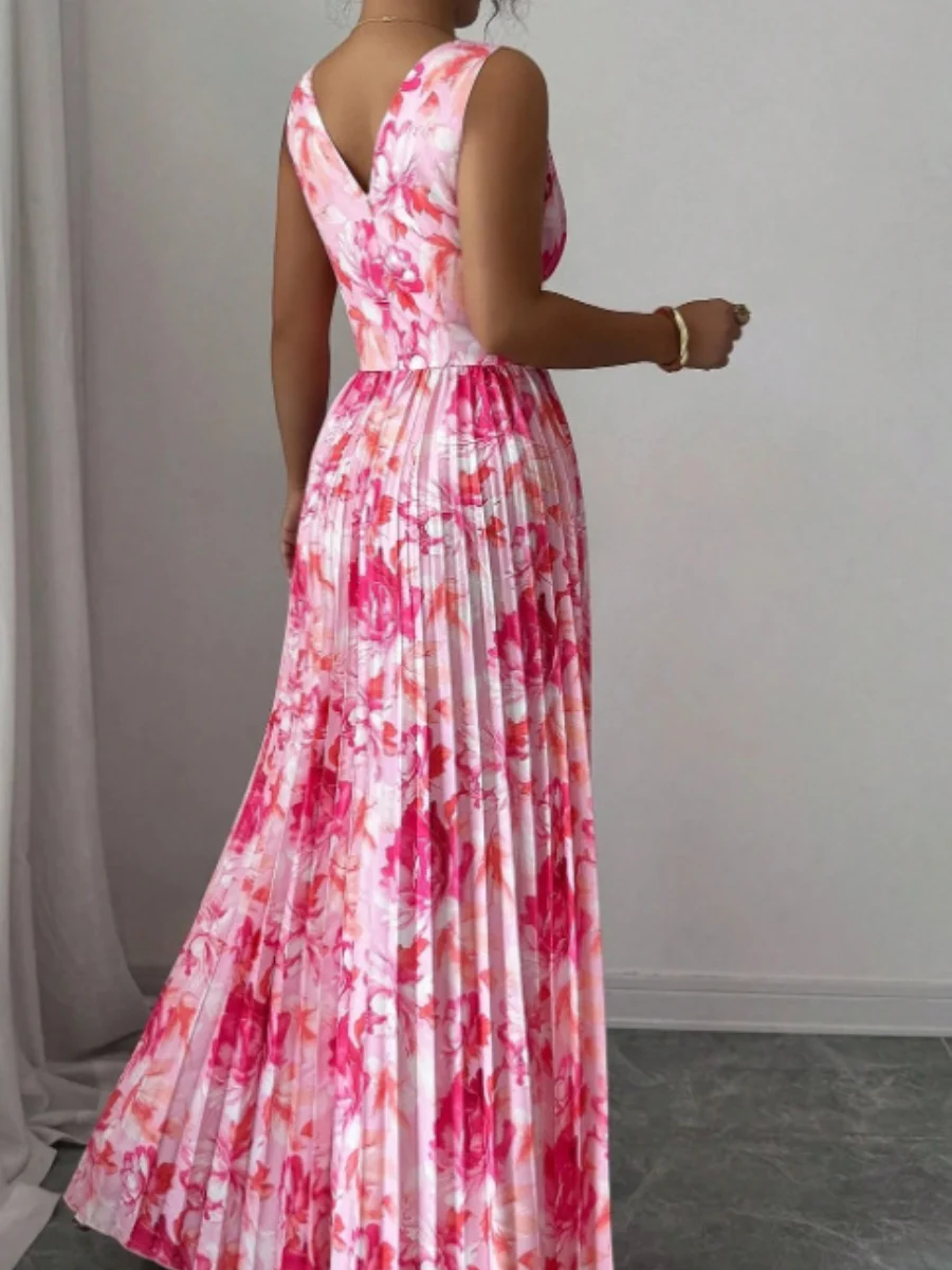 Sexy Deep V-neck Sleeveless Floral Print Maxi Dress With Slit Hem And Pleats - Image 12