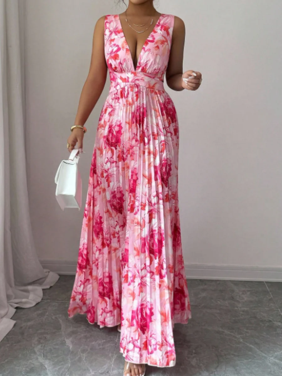 Sexy Deep V-neck Sleeveless Floral Print Maxi Dress With Slit Hem And Pleats - Image 13