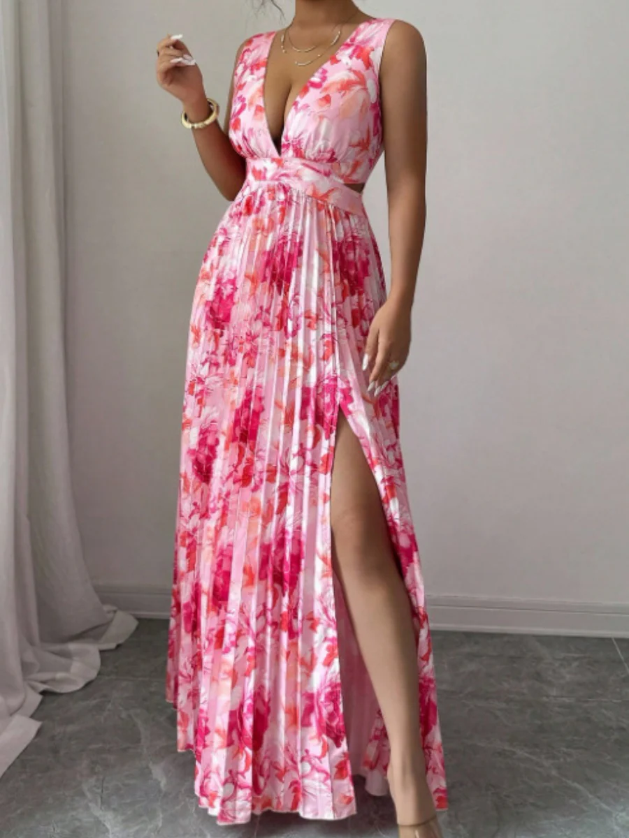 Sexy Deep V-neck Sleeveless Floral Print Maxi Dress With Slit Hem And Pleats - Image 14