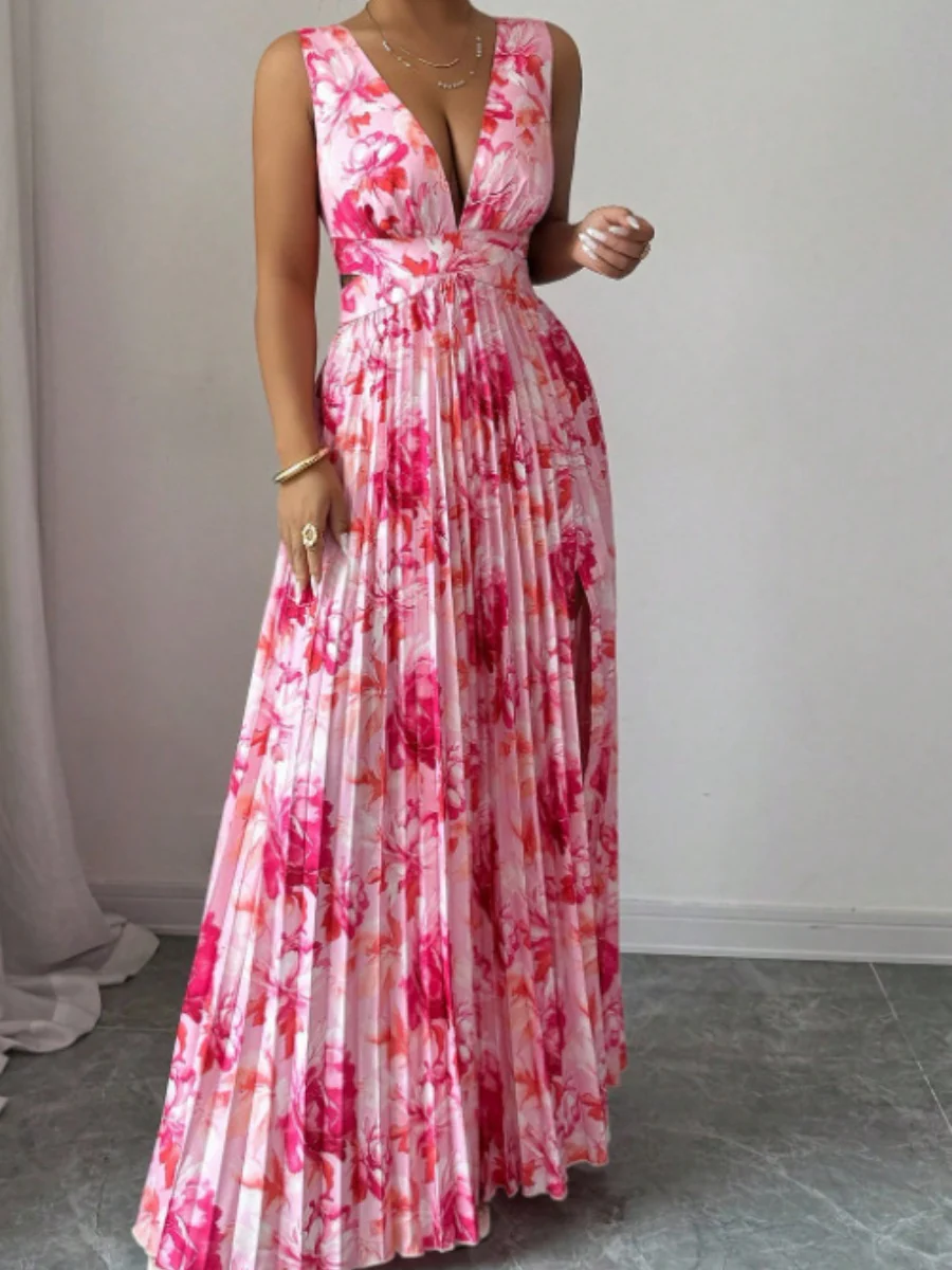 Sexy Deep V-neck Sleeveless Floral Print Maxi Dress With Slit Hem And Pleats - Image 15