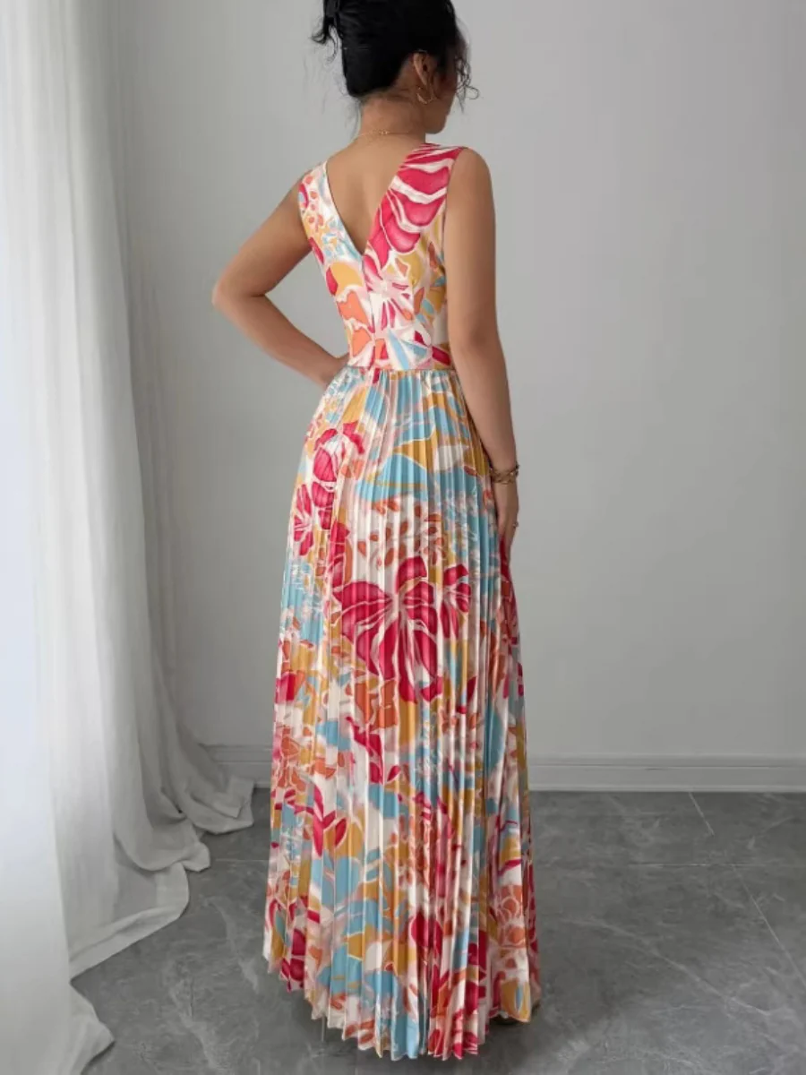Sexy Deep V-neck Sleeveless Floral Print Maxi Dress With Slit Hem And Pleats - Image 2