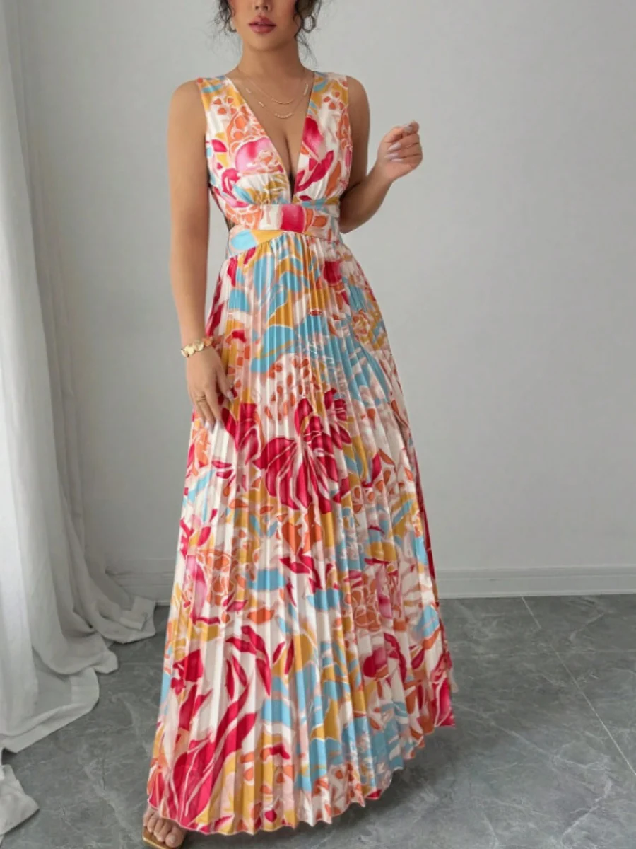 Sexy Deep V-neck Sleeveless Floral Print Maxi Dress With Slit Hem And Pleats - Image 3