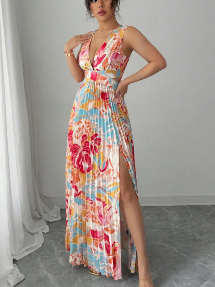 Sexy Deep V-neck Sleeveless Floral Print Maxi Dress With Slit Hem And Pleats - Image 4