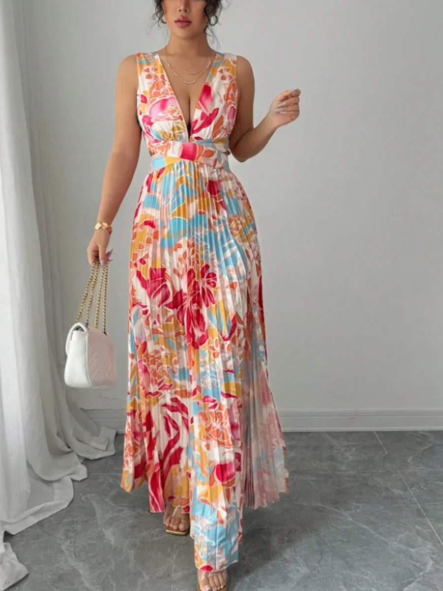Sexy Deep V-neck Sleeveless Floral Print Maxi Dress With Slit Hem And Pleats - Image 5