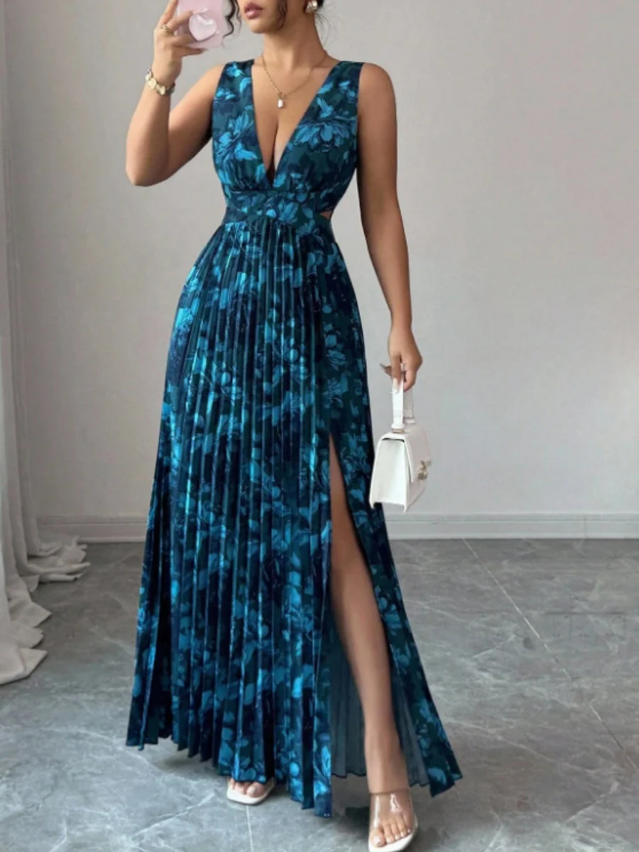 Sexy Deep V-neck Sleeveless Floral Print Maxi Dress With Slit Hem And Pleats - Image 6