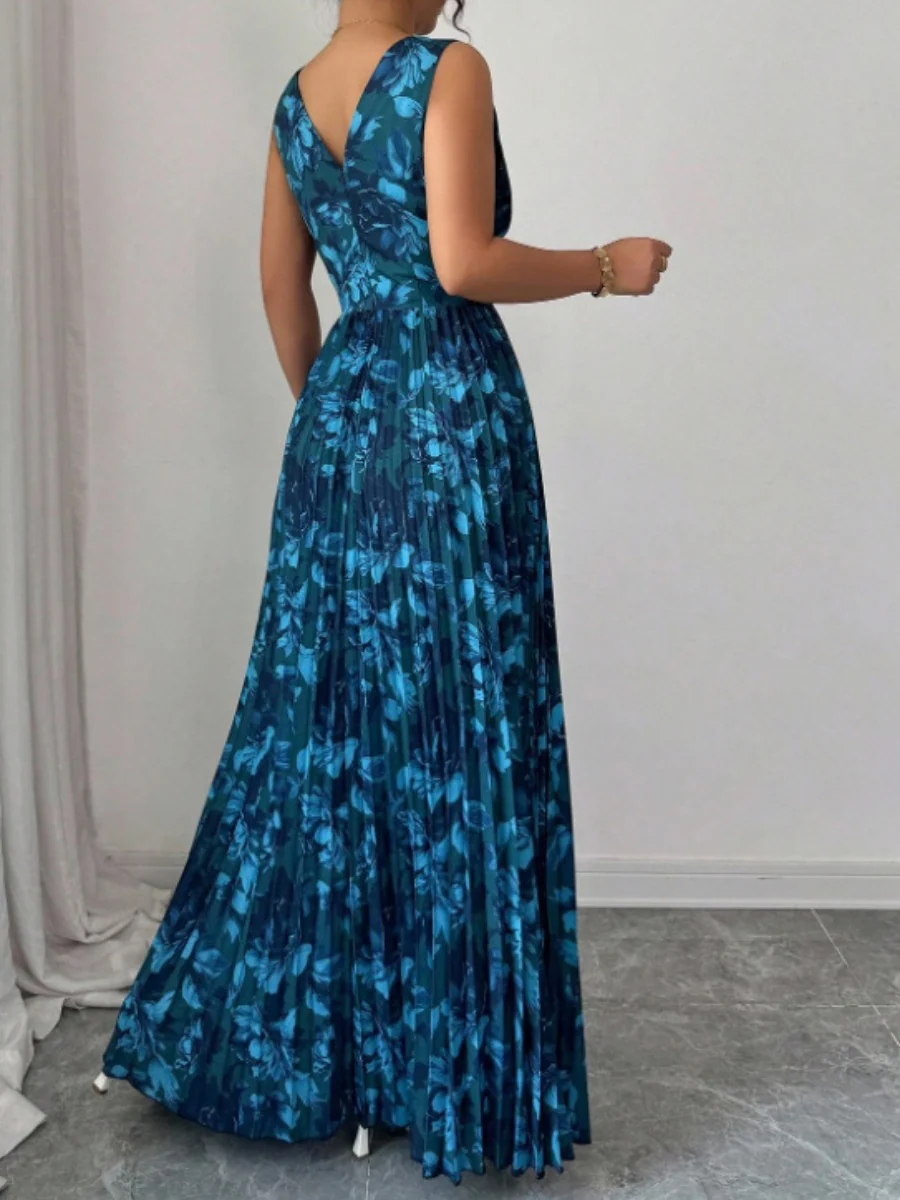 Sexy Deep V-neck Sleeveless Floral Print Maxi Dress With Slit Hem And Pleats - Image 7