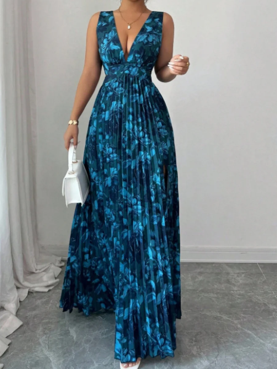 Sexy Deep V-neck Sleeveless Floral Print Maxi Dress With Slit Hem And Pleats - Image 8