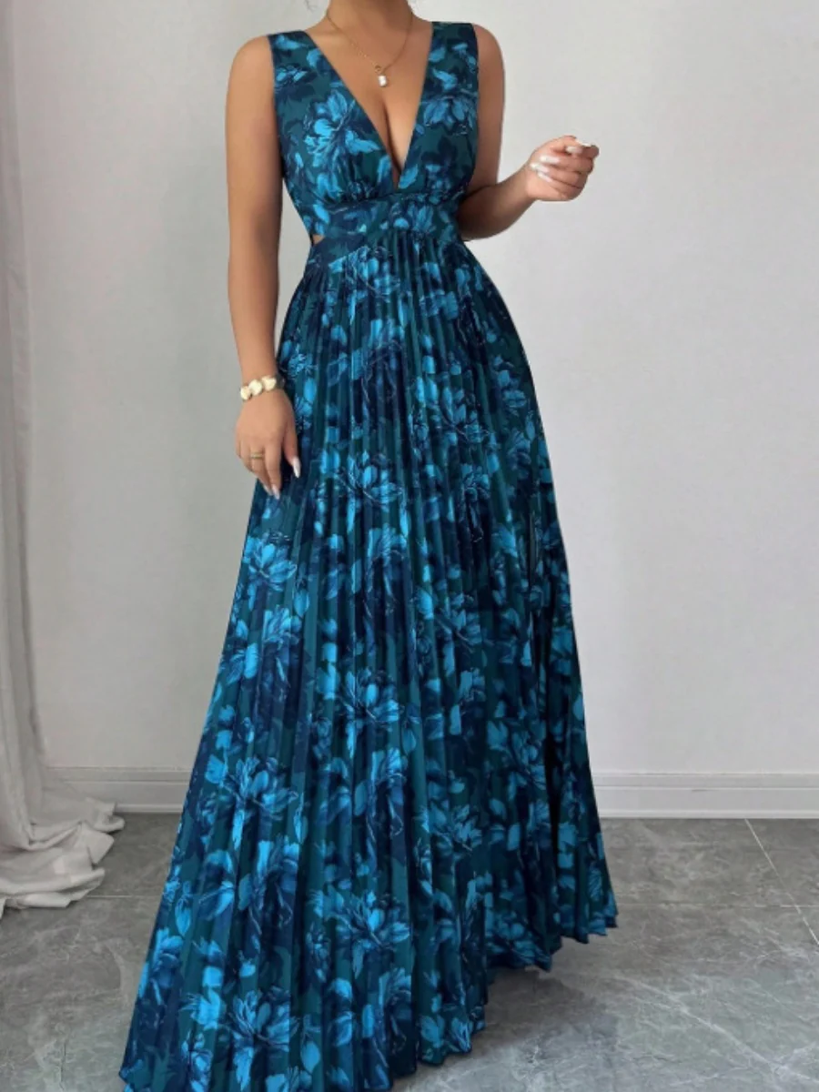 Sexy Deep V-neck Sleeveless Floral Print Maxi Dress With Slit Hem And Pleats - Image 9