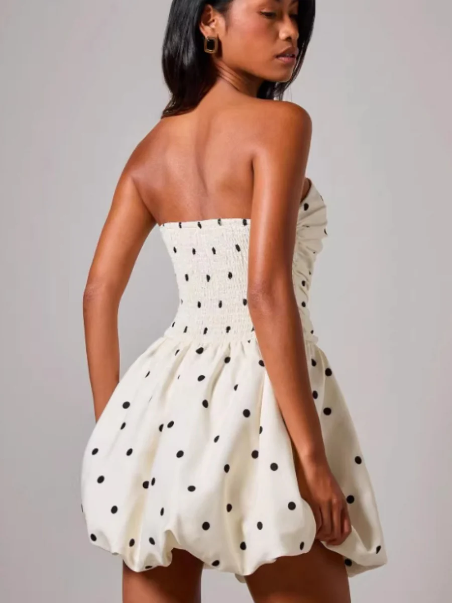 Polka Dot Print Patchwork Strapless Top Mini&Short Dresses - Image 2