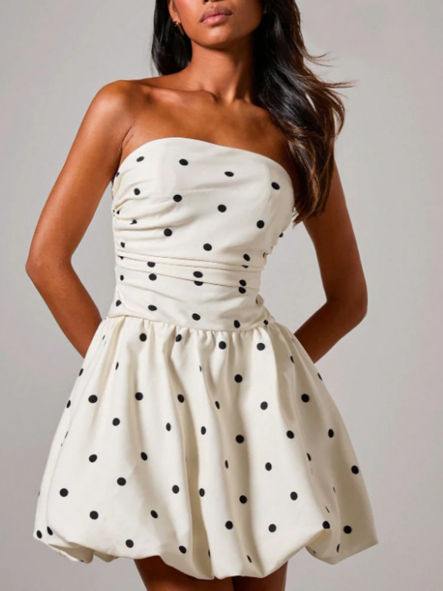 Polka Dot Print Patchwork Strapless Top Mini&Short Dresses - Image 3