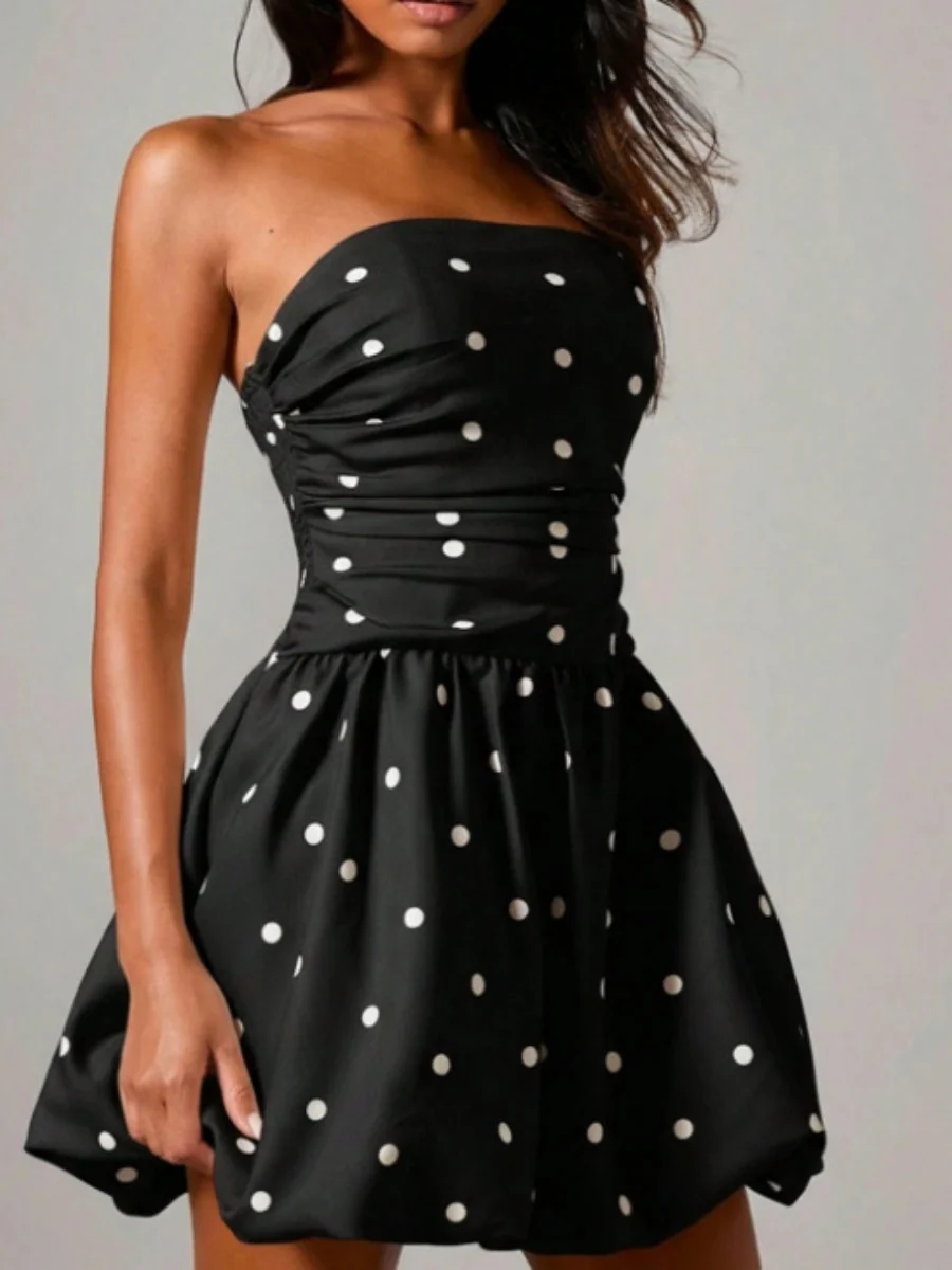 Polka Dot Print Patchwork Strapless Top Mini&Short Dresses - Image 4