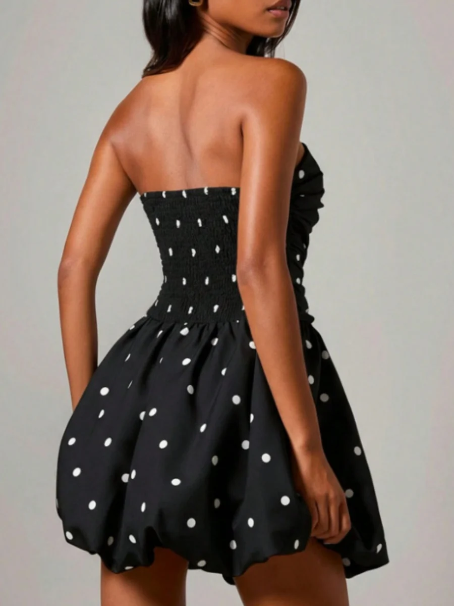 Polka Dot Print Patchwork Strapless Top Mini&Short Dresses - Image 5