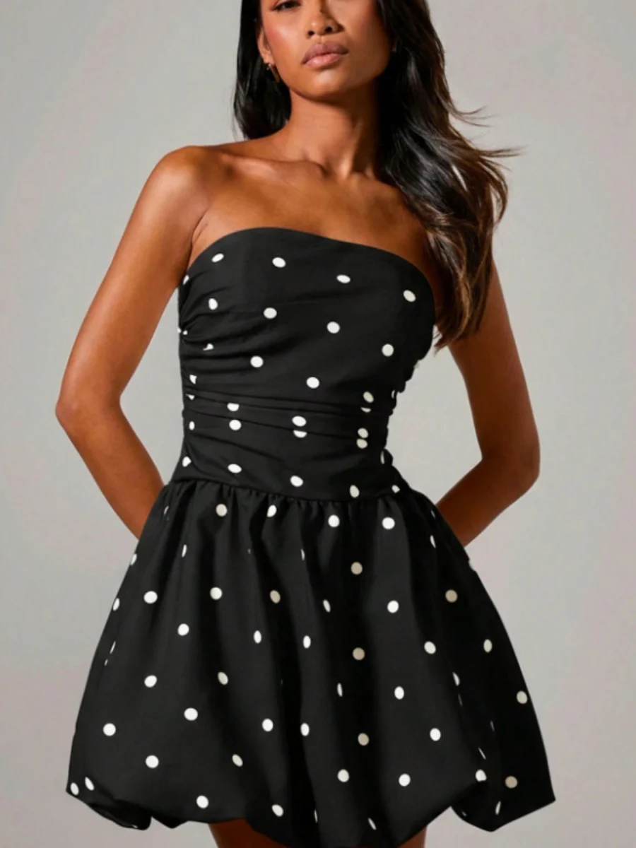 Polka Dot Print Patchwork Strapless Top Mini&Short Dresses - Image 6