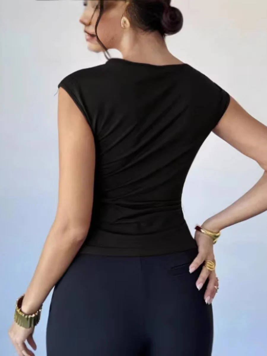 Asymmetrical Off-shoulder Slim-fit Sleeveless T-shirt With Metallic Embellishments - Image 2