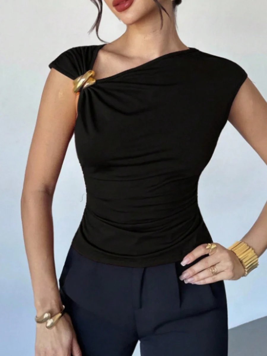 Asymmetrical Off-shoulder Slim-fit Sleeveless T-shirt With Metallic Embellishments - Image 5