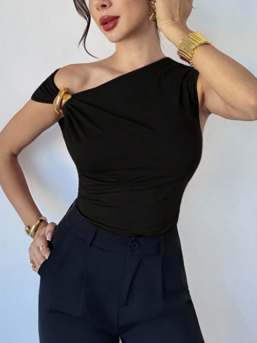 Asymmetrical Off-shoulder Slim-fit Sleeveless T-shirt With Metallic Embellishments - Image 6