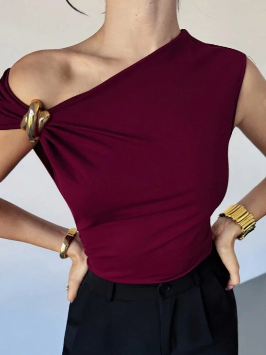 Asymmetrical Off-shoulder Slim-fit Sleeveless T-shirt With Metallic Embellishments - Image 7