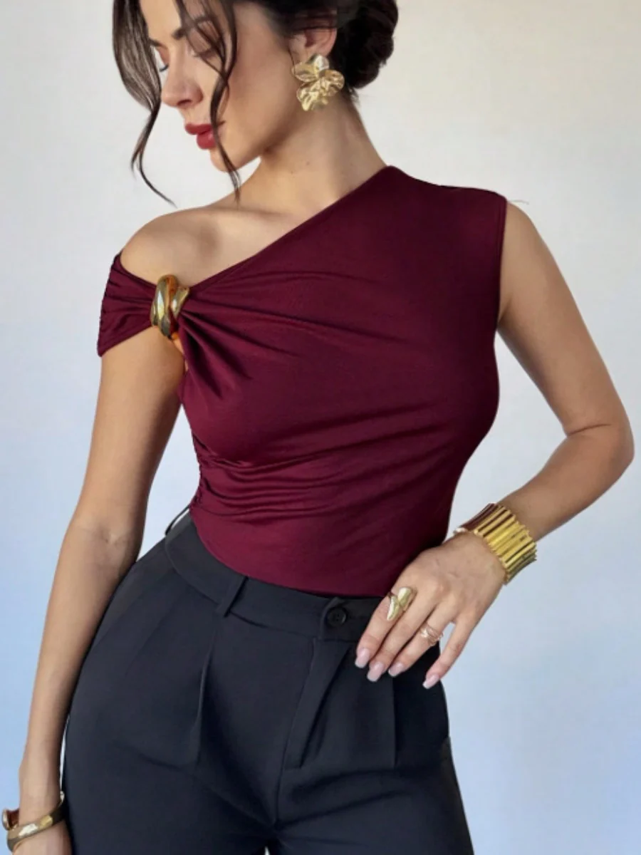 Asymmetrical Off-shoulder Slim-fit Sleeveless T-shirt With Metallic Embellishments - Image 9