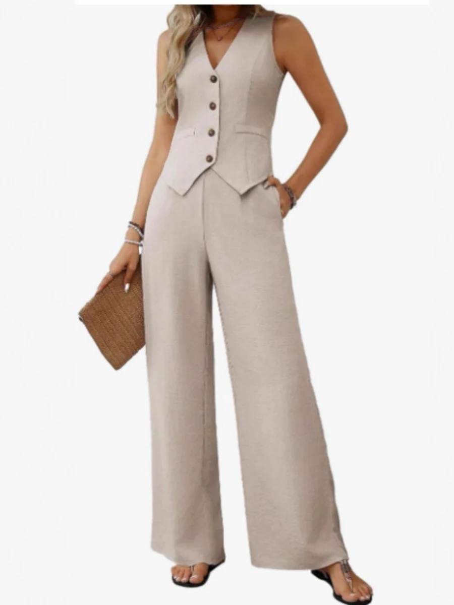 Two-piece Set Of Button-down Cropped Vest And Wide-leg Pants