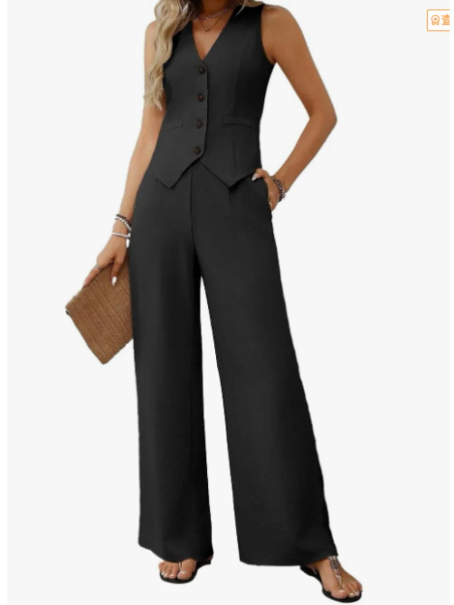 Two-piece Set Of Button-down Cropped Vest And Wide-leg Pants - Image 4