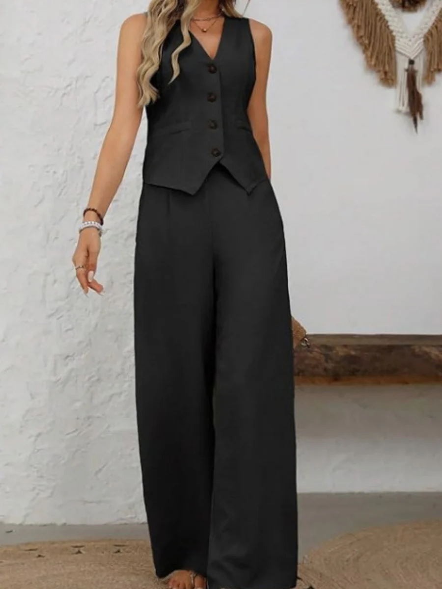 Two-piece Set Of Button-down Cropped Vest And Wide-leg Pants - Image 6