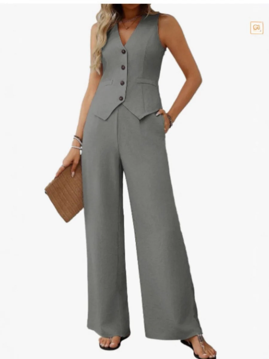 Two-piece Set Of Button-down Cropped Vest And Wide-leg Pants - Image 7