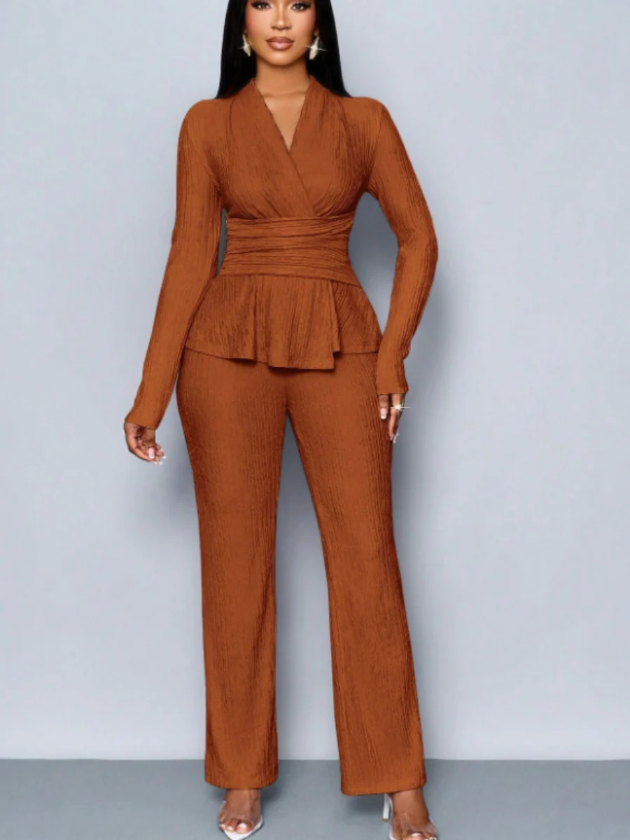 Long-sleeved, Irregular Hem, Fitted Top And Slimming Solid Color Trousers Two-piece Set - Image 10