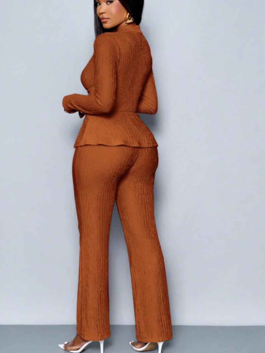 Long-sleeved, Irregular Hem, Fitted Top And Slimming Solid Color Trousers Two-piece Set - Image 11