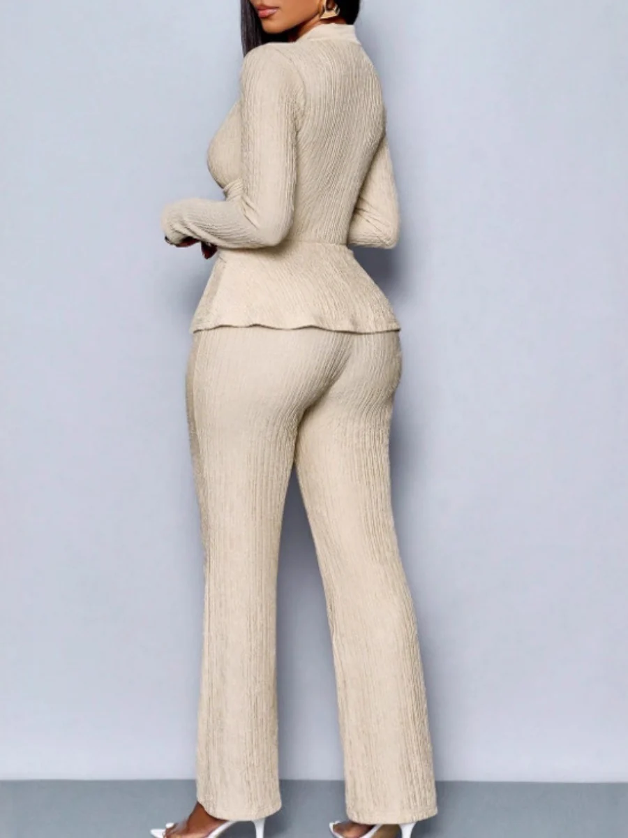 Long-sleeved, Irregular Hem, Fitted Top And Slimming Solid Color Trousers Two-piece Set - Image 2