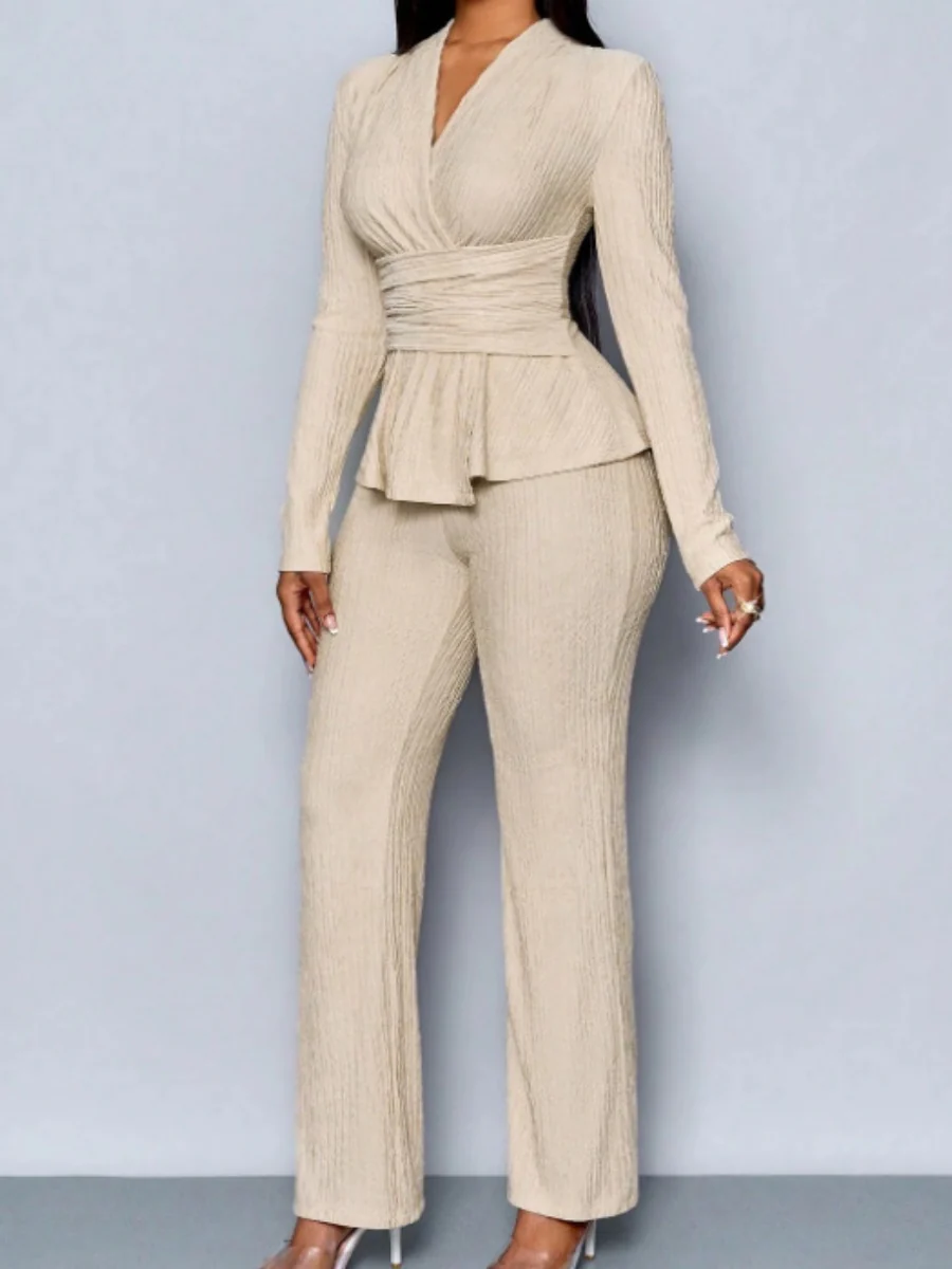 Long-sleeved, Irregular Hem, Fitted Top And Slimming Solid Color Trousers Two-piece Set - Image 3