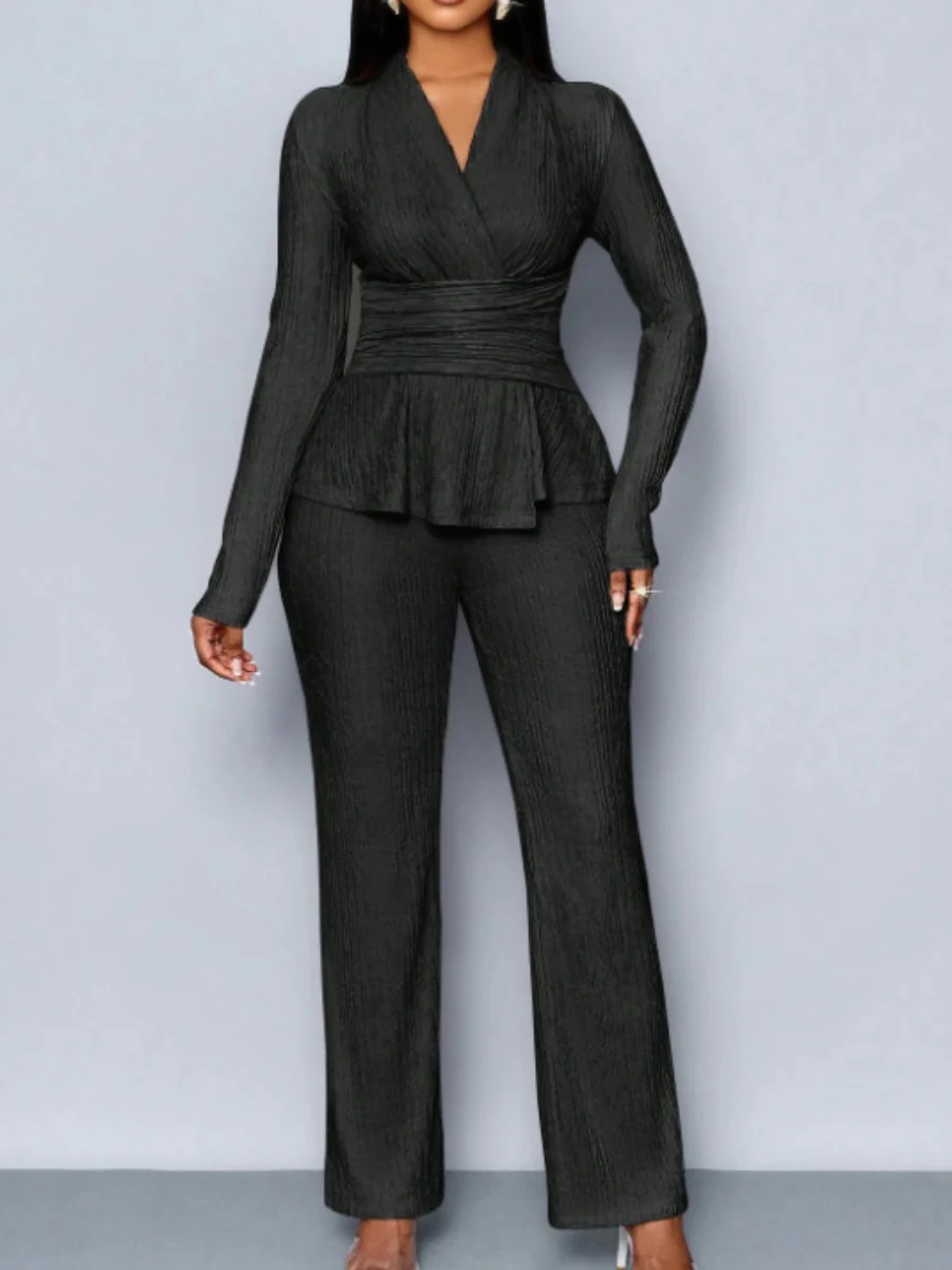Long-sleeved, Irregular Hem, Fitted Top And Slimming Solid Color Trousers Two-piece Set - Image 5