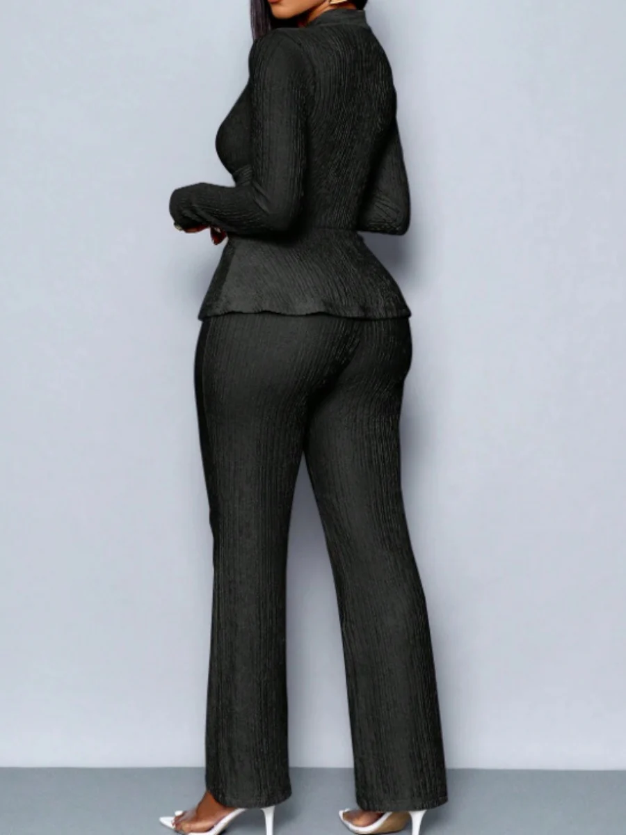 Long-sleeved, Irregular Hem, Fitted Top And Slimming Solid Color Trousers Two-piece Set - Image 6