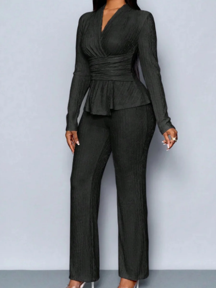 Long-sleeved, Irregular Hem, Fitted Top And Slimming Solid Color Trousers Two-piece Set - Image 8