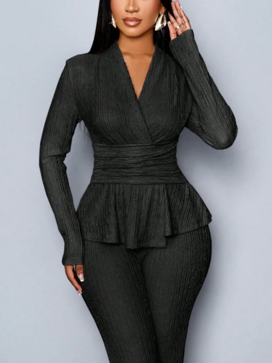 Long-sleeved, Irregular Hem, Fitted Top And Slimming Solid Color Trousers Two-piece Set - Image 9