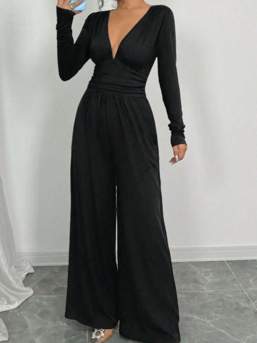Deep V Solid Color Ribbed Sexy Slim Waist Elegant Jumpsuit - Image 4