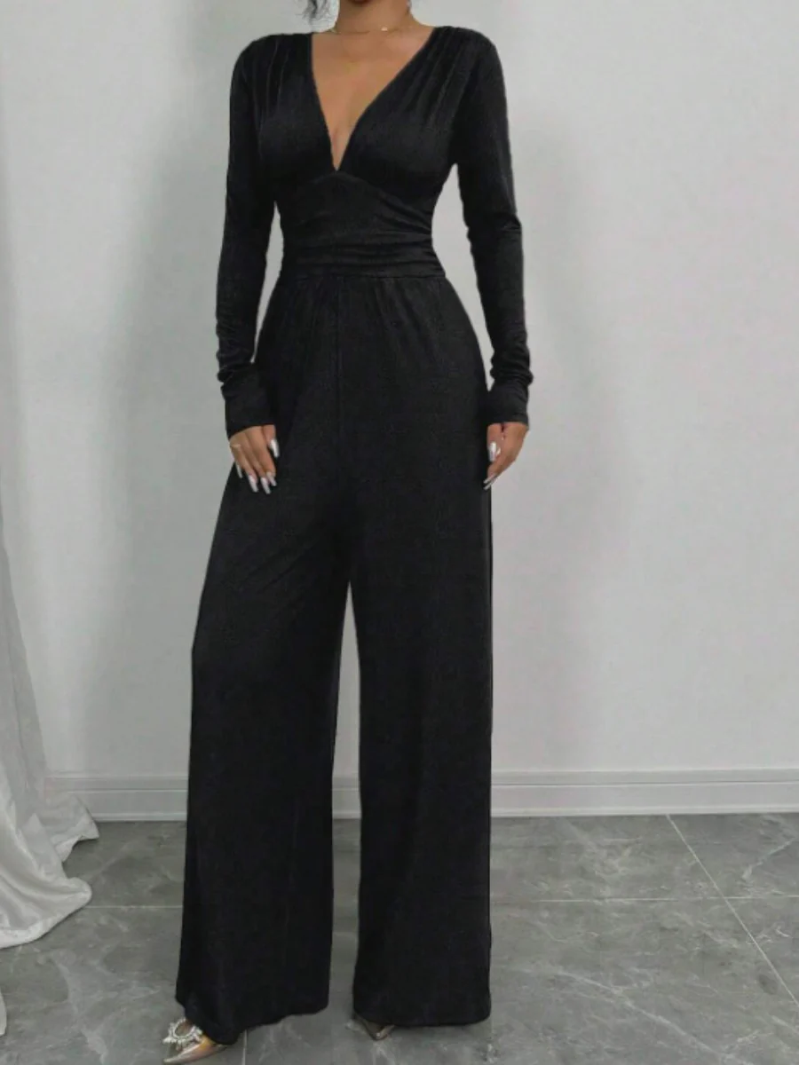 Deep V Solid Color Ribbed Sexy Slim Waist Elegant Jumpsuit - Image 5