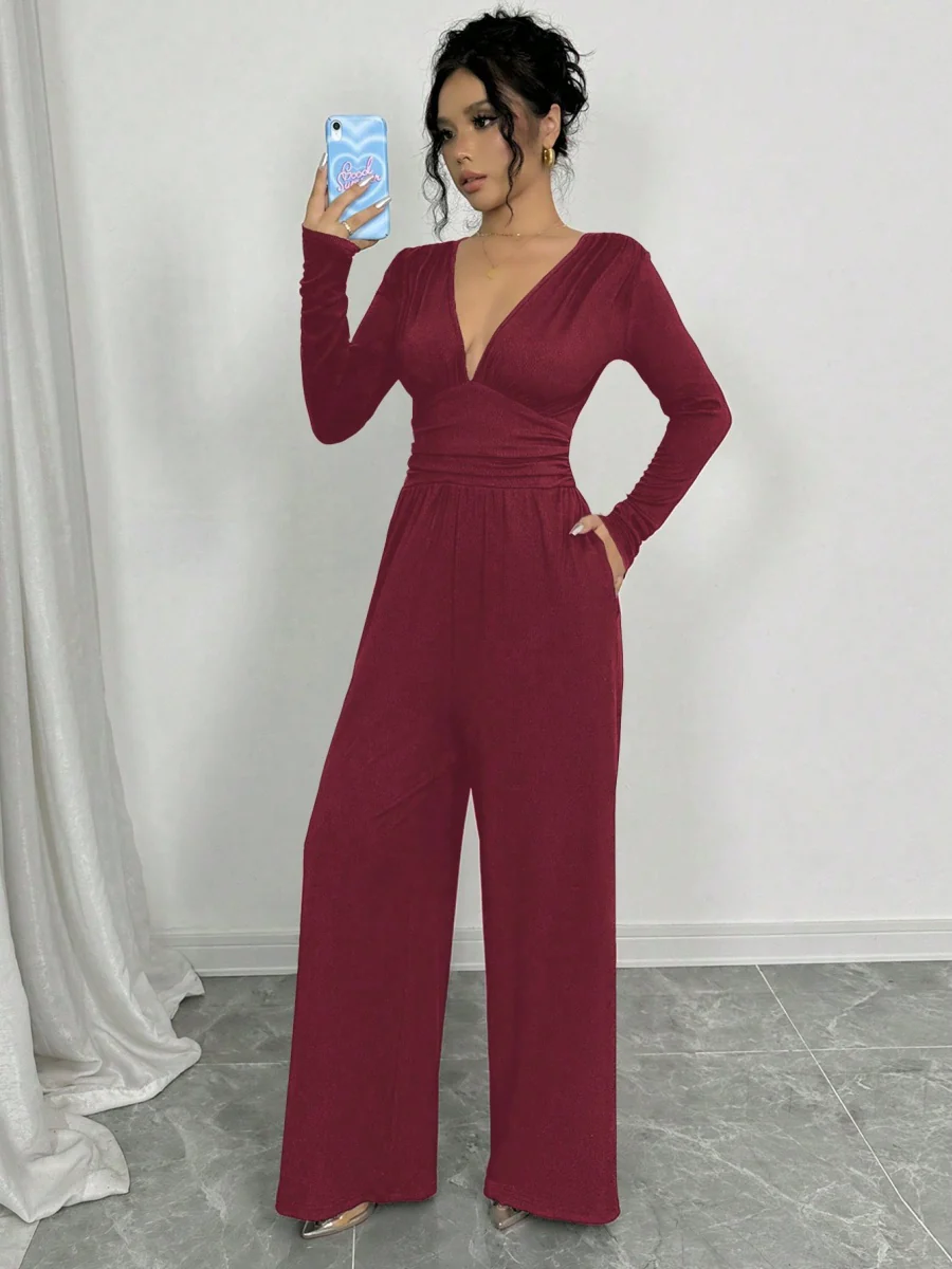 Deep V Solid Color Ribbed Sexy Slim Waist Elegant Jumpsuit - Image 6