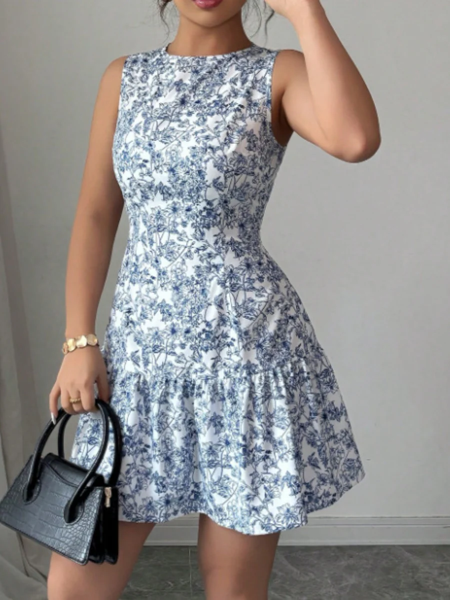 Bohemian Style French Elegance Floral Print Sleeveless Belted Short Dress - Image 15